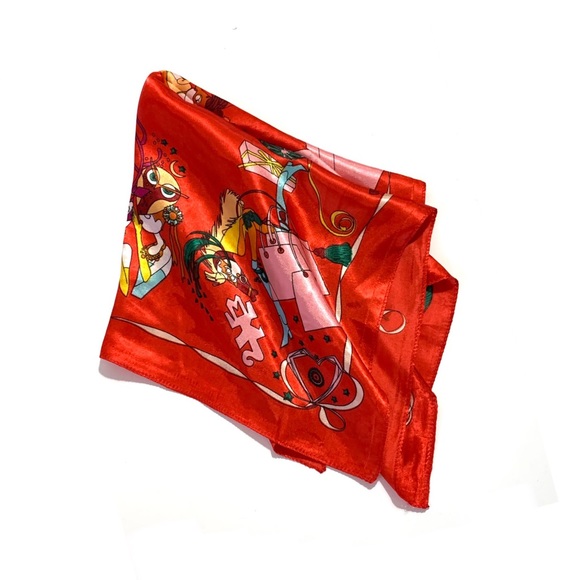 Red Shopping Print Square Neckerchief Bag Scarf - Picture 3 of 6